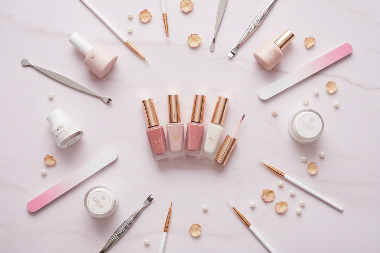 Herramientas de manicura sobre fondo estético